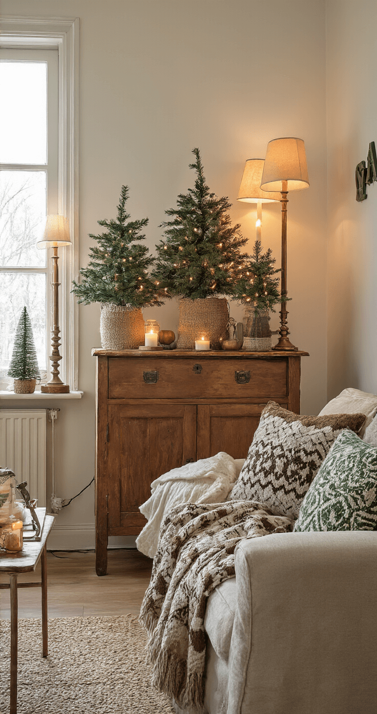Gezellige Nederlandse woonkamer met warme winterverlichting, antiek houten dressoir versierd met gehaakte kerstbomen in groen- en crème tinten, een zachte plaid over een beige bank en koperaccenten, gefotografeerd vanuit lage hoek tijdens het gouden uur.