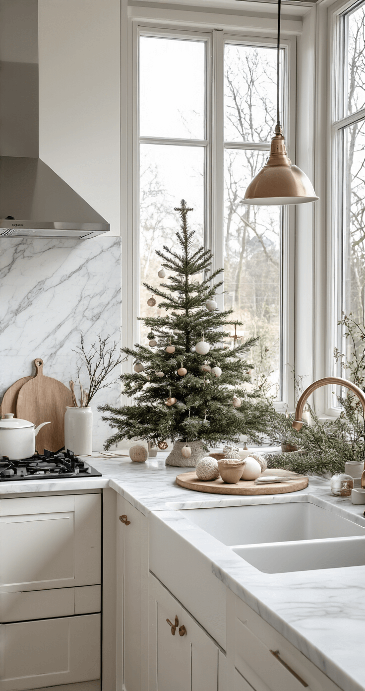 Moderne Scandinavische keuken met wit marmeren aanrecht, natuurlijk licht, Noorse gehaakte kerstboomdecoraties, houten snijplank, haaknaald en katoengaren, glinsterende kraaltjes, neutrale kleuren, minimalistische styling met verse takjes en koperen keukengerei.