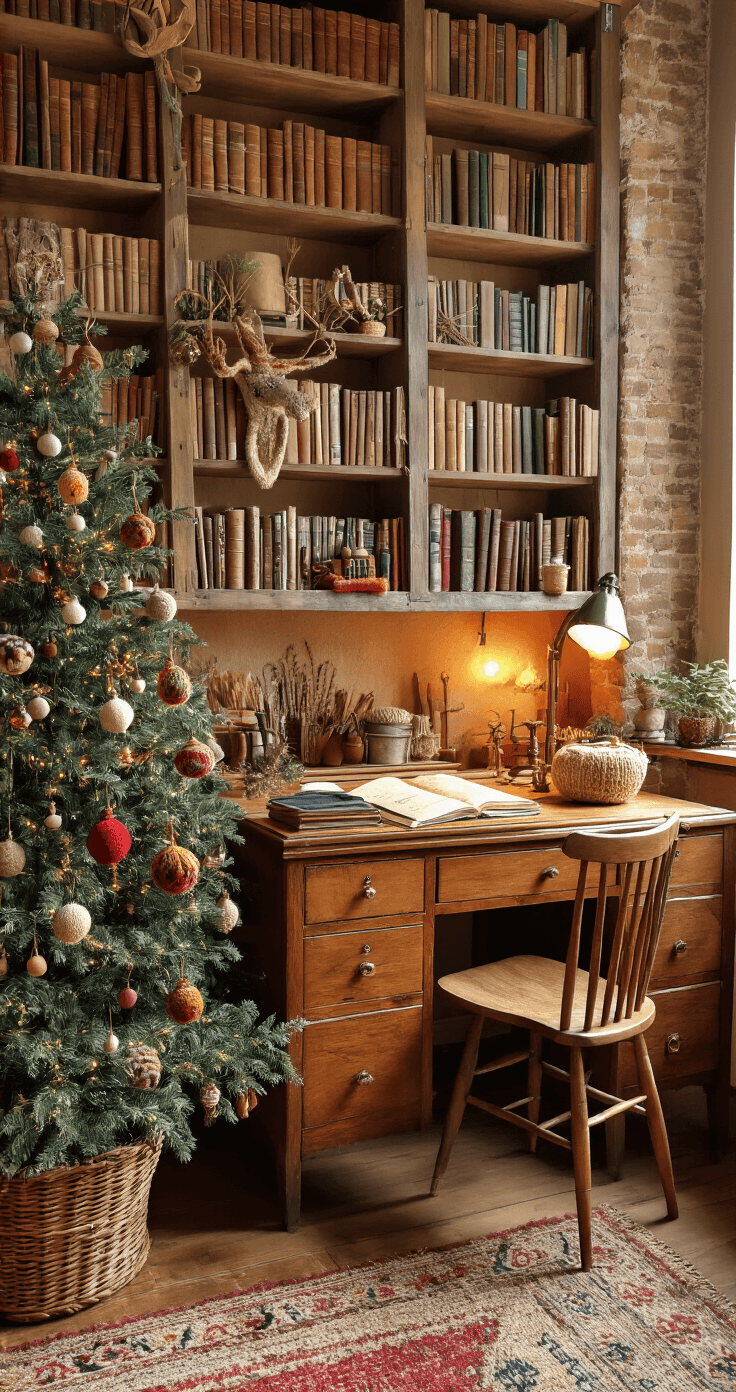 Knusse studeerkamer met boekenplanken en gouden namiddaglicht; gehaakte kerstboomhangertjes aan koperen haakjes, houten bureau met haakproject en garen in rieten mand, warme aardtinten en ambachtelijke sfeer.