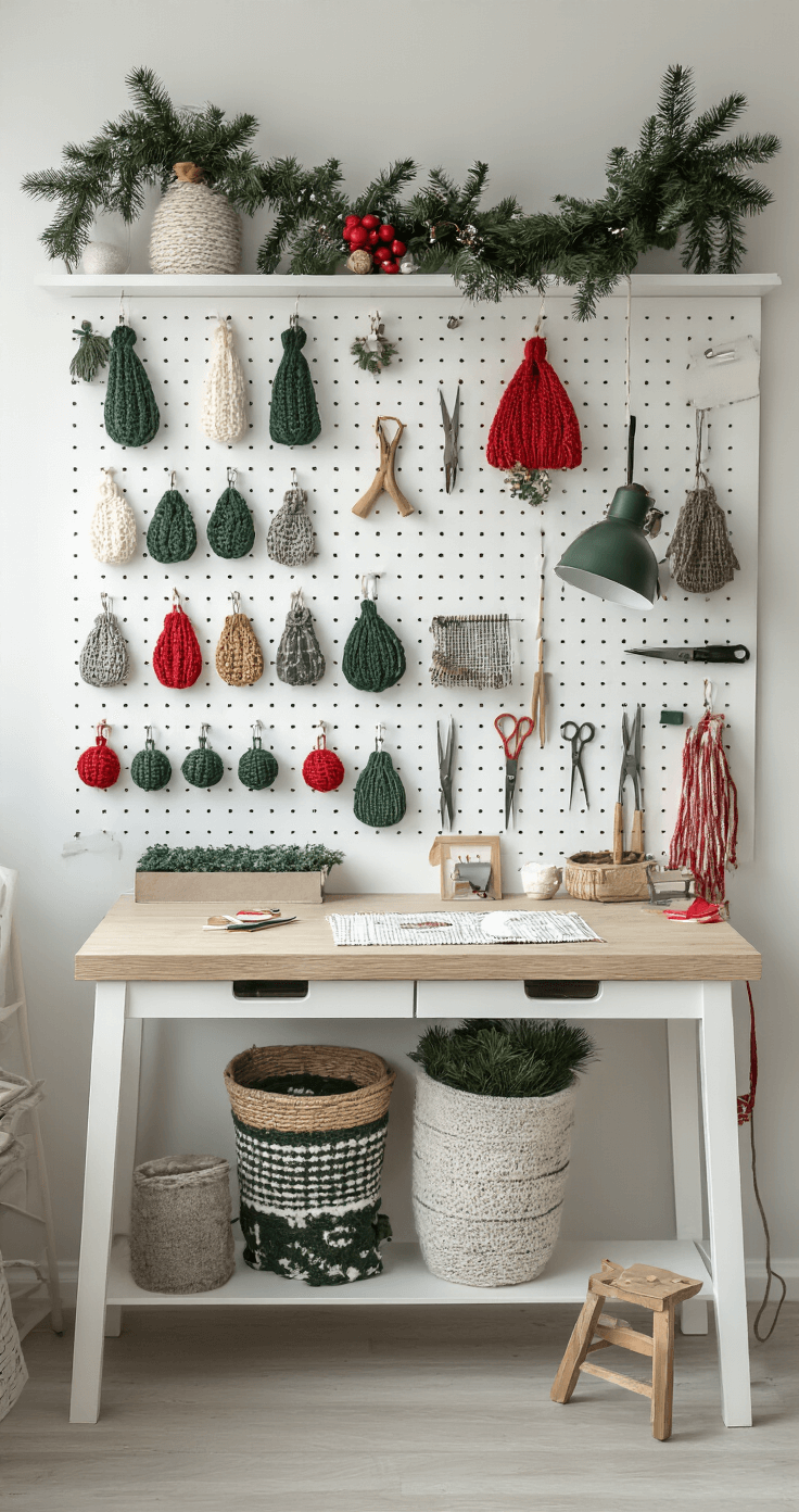 Lichte hobbyruimte met gehaakte kerstdecoraties op een werkblad, witte planken vol haakbenodigdheden en georganiseerde opslag van garen en accessoires, verlicht door heldere ochtendzon.