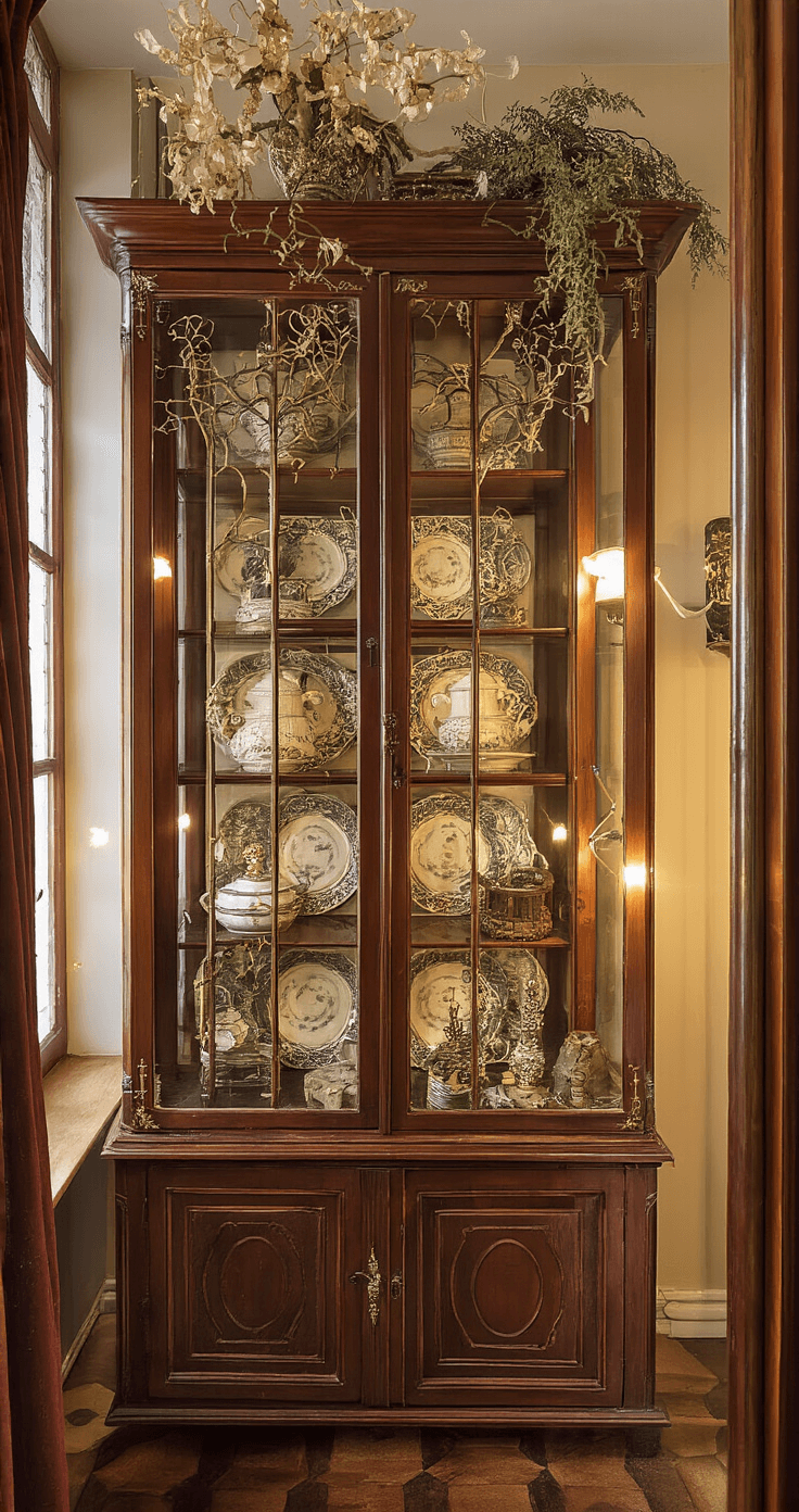 Traditioneel Nederlands interieur met een antieke vitrinekast, warm verlicht met een mix van lichtbronnen. De showcase bevat haakpatroon variaties zoals krokodillensteek boompjes en glittergaren. Rijke bordeaux, groen en gouden kleuren, omringd door fluwelen gordijnen en kristallen ornamenten. Dramatische spot-verlichting accentueert de luxe texturen en glans in de setting.