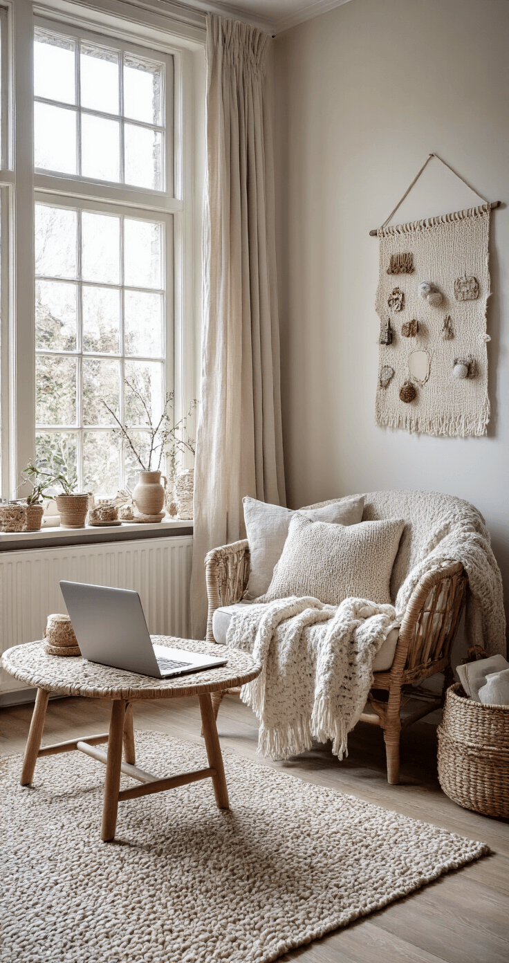 Gezellige Nederlandse woonkamer met leesstoel, diffuus licht door vitrages, haakpatronen op muur, open laptop op bijzettafel, gehaakte kerstdecoraties op salontafel en haakwerk in rieten mandje. Zachte pasteltinten van sage, crème en wit met linnen textiel.