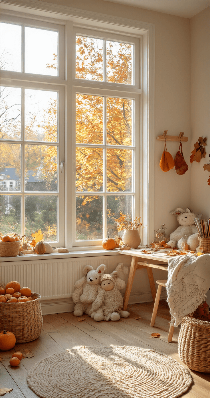 Herfst Knutselen met Kinderen en Peuters: Creatieve Avonturen in de Natuur Gezellige kinderkamer met warm daglicht, houten speeltafel vol herfstverf en kunstwerken, rieten manden vol kastanjes en bladeren op een Scandinavische houten vloer, met peuterhanden zichtbaar.