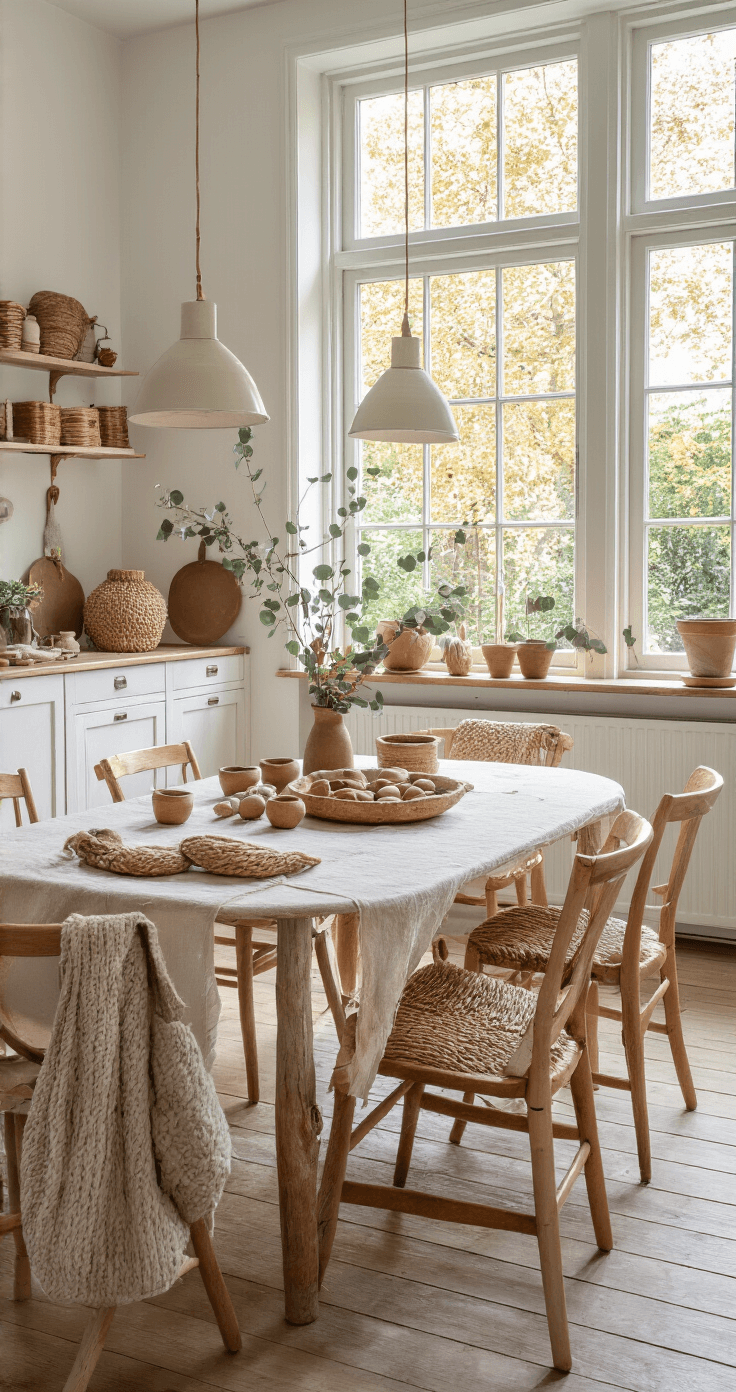 Herfst Knutselen met Kinderen en Peuters: Creatieve Avonturen in de Natuur Lichte woonkamer met een grote eettafel vol kleurrijk knutselmateriaal, waaronder klei en kastanjes, onder gouden herfstzonneschijn. Handgemaakte slakjes-kastanje creaties op een linnen tafelkleed, omringd door witte kasten en natuurhouten accenten. Eucalyptus takken in vazen en kinderschorten hangen aan stoelleuningen. Bovenaanzicht met zachte schaduw en een vrolijke, creatieve sfeer.