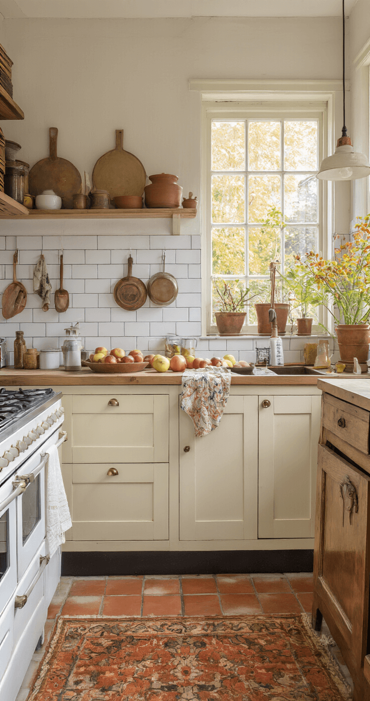 Herfst Knutselen met Kinderen en Peuters: Creatieve Avonturen in de Natuur Authentiek Nederlands keukeneiland als kunststudio, omringd door handafdruk-bladeren en herfstkleurige verf, met bak verse appels en houten snijplanken op een terracotta tegelvloer.
