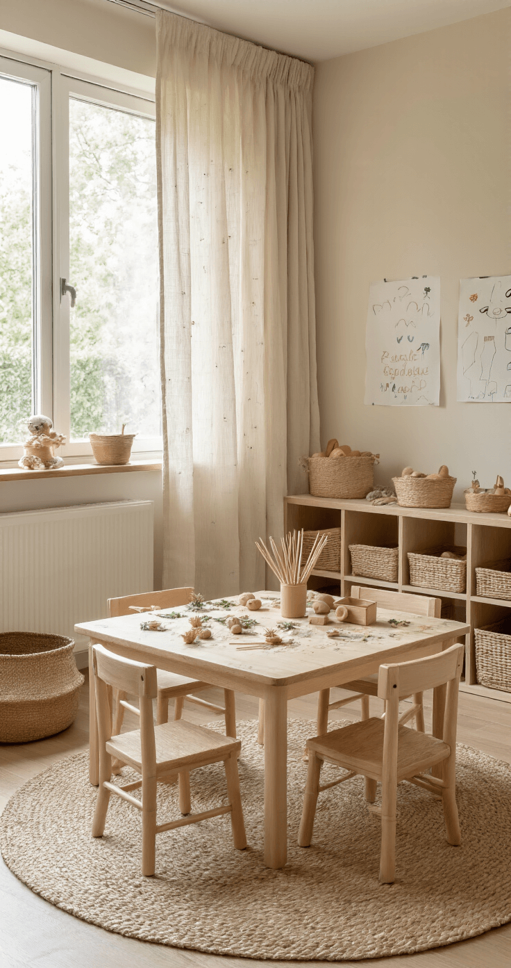 Herfst Knutselen met Kinderen en Peuters: Creatieve Avonturen in de Natuur Speelkamer met laag kindermeubilair in natuurlijk licht, tafel vol klei-egels en takjes-stekels, rieten manden met natuurlijke materialen, beige muren, jute vloerkleed en kindertekeningen aan de wand.