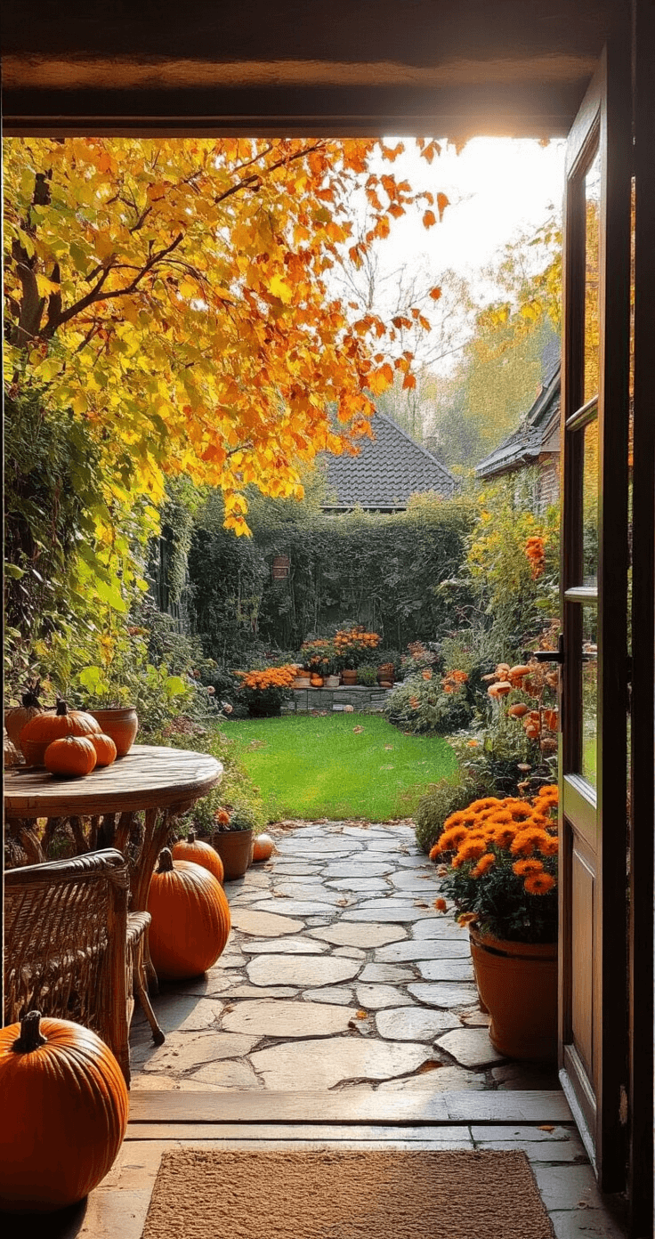 Herfst Knutselen met Kinderen en Peuters: Creatieve Avonturen in de Natuur Tuinkamer met open tuindeuren naar een herfsttuin, versierd met papieren bordjes als paddenstoelen en herfstbloemen in terracotta potten; rotan meubels en een natuurstenen vloer, sfeervol verlicht tijdens het gouden uurtje.