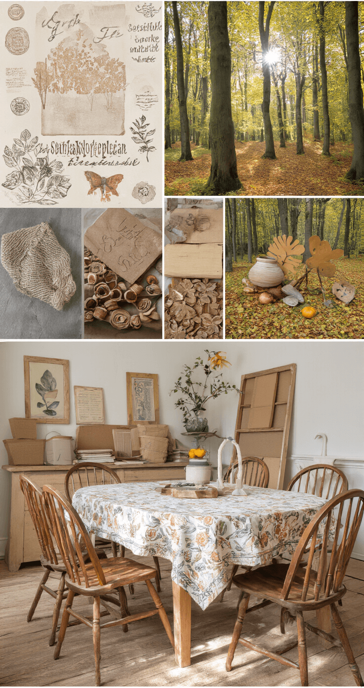 Herfst Knutselen met Kinderen en Peuters: Creatieve Avonturen in de Natuur Eetkamer ingericht als knutselwerkplaats in de ochtendzon, met herfstprojecten zoals gestempelde bomen en kastanje-dieren, houten servieskast vol materialen, linnen opbergmanden, vintage schoolborden, eikenhouten tafel met Windsor stoelen en een paisley tafelkleed.