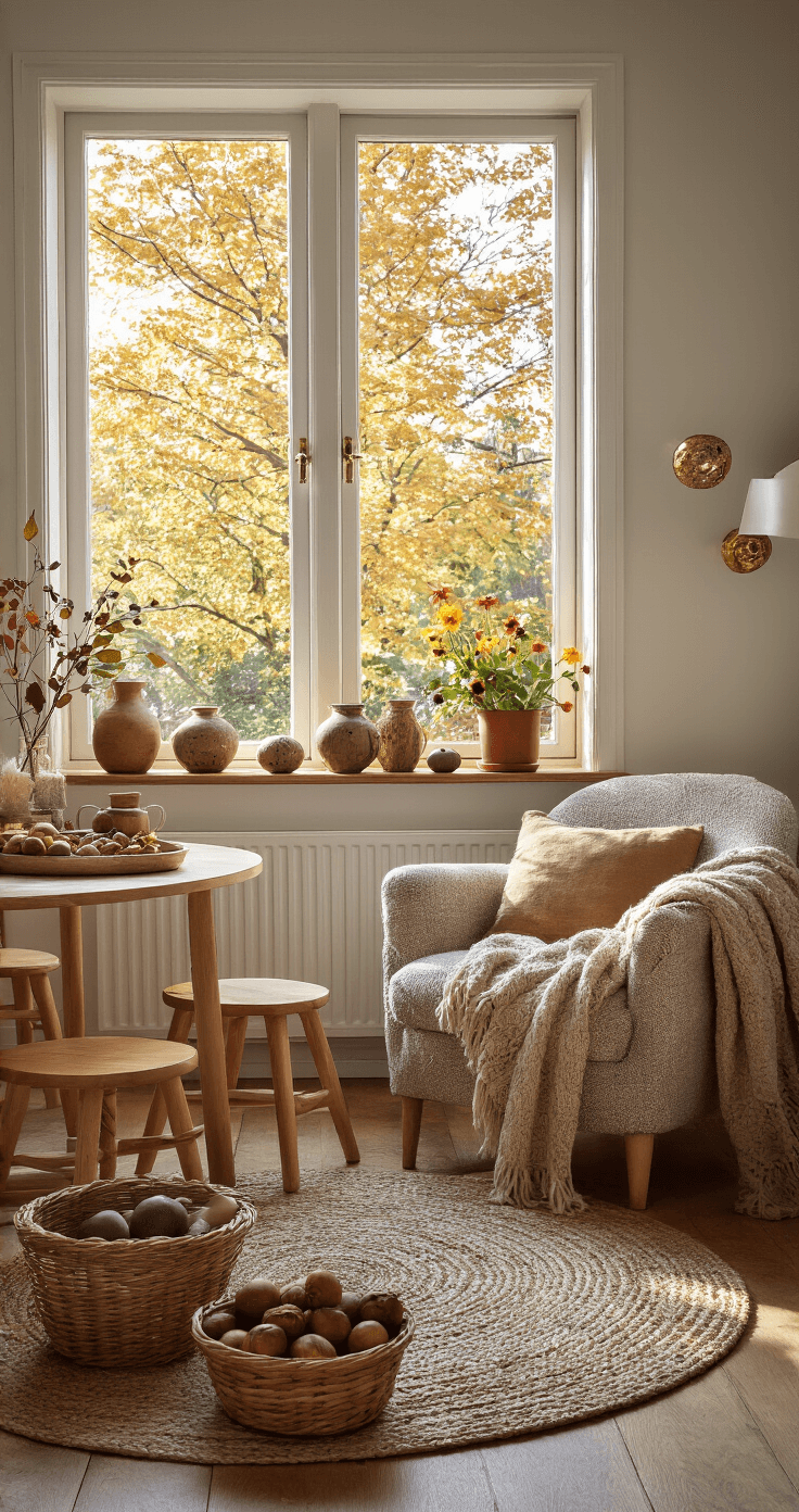 Herfst Knutselen met Kinderen en Peuters: Creatieve Avonturen in de Natuur Gezellige huiskamer met kindertafel bij een raam, verlicht door het warme late namiddaggloed. Herfstschatten zoals bladeren, kastanjes en dennenappels zijn uitgestald in houten bakjes. Voltooide knutselwerken sieren de planken. Een bouclé fauteuil met een wollen plaid en keramische vazen met seizoensbloemen geven een huiselijke sfeer. Neutrale tinten en brass accenten zorgen voor een warme uitstraling.