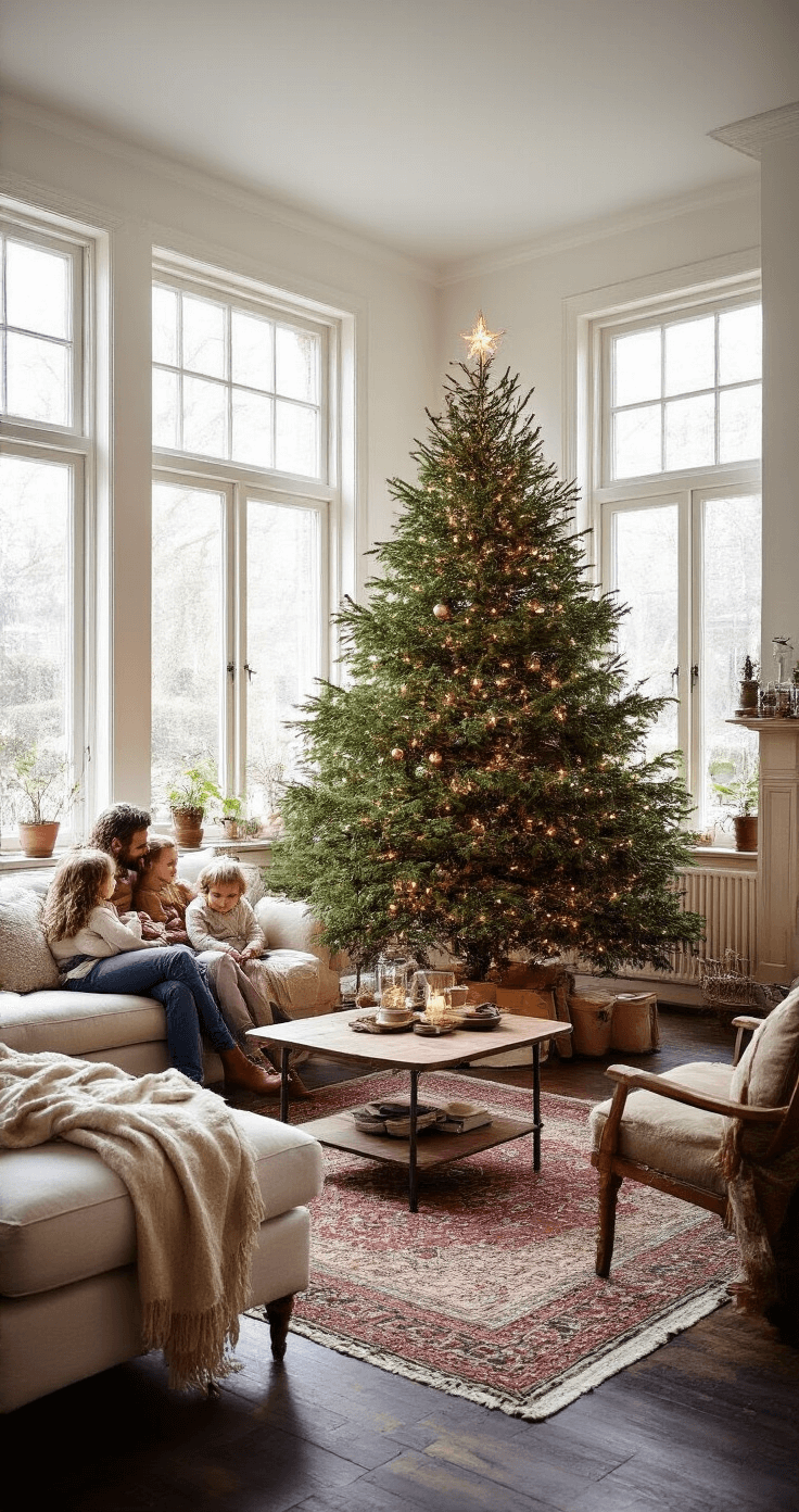 Kerstboom Versieren: Dé Ultieme Gids voor een Betoverende Kerstsfeer Gezellige woonkamer met een grote kerstboom in de hoek, versierd met warme LED-verlichting. Familie zit op een cremekleurige bank en vintage fauteuils op een donkere houten vloer met een Perzisch tapijt. Grote ramen laten zachte winterzon binnen, met kerstkaarten aan de witte muren en goudkleurige accenten voor een warme sfeer.
