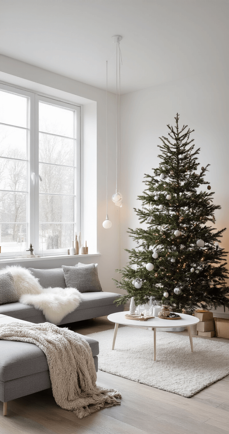 Kerstboom Versieren: Dé Ultieme Gids voor een Betoverende Kerstsfeer Minimalistische woonkamer met strakke kerstboom, betonnen vloer en grote ramen. Neutrale kleuren met een grijze bank, witte salontafel en natuurlijke houten decoraties, in zachte winterse verlichting.