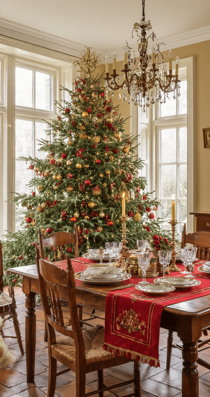 Kerstboom Versieren: Dé Ultieme Gids voor een Betoverende Kerstsfeer Klassieke Nederlandse eetkamer met een antieke eiken tafel en stoelen, verlicht door een kristallen kroonluchter. In de hoek staat een traditionele rood-gouden kerstboom, omringd door een donkerrode tafelkleed en gouden tafelloper, met kristallen glazen en antiek servies. De warme avondverlichting creëert een romantische sfeer met diepe schaduwen en gouden highlights.