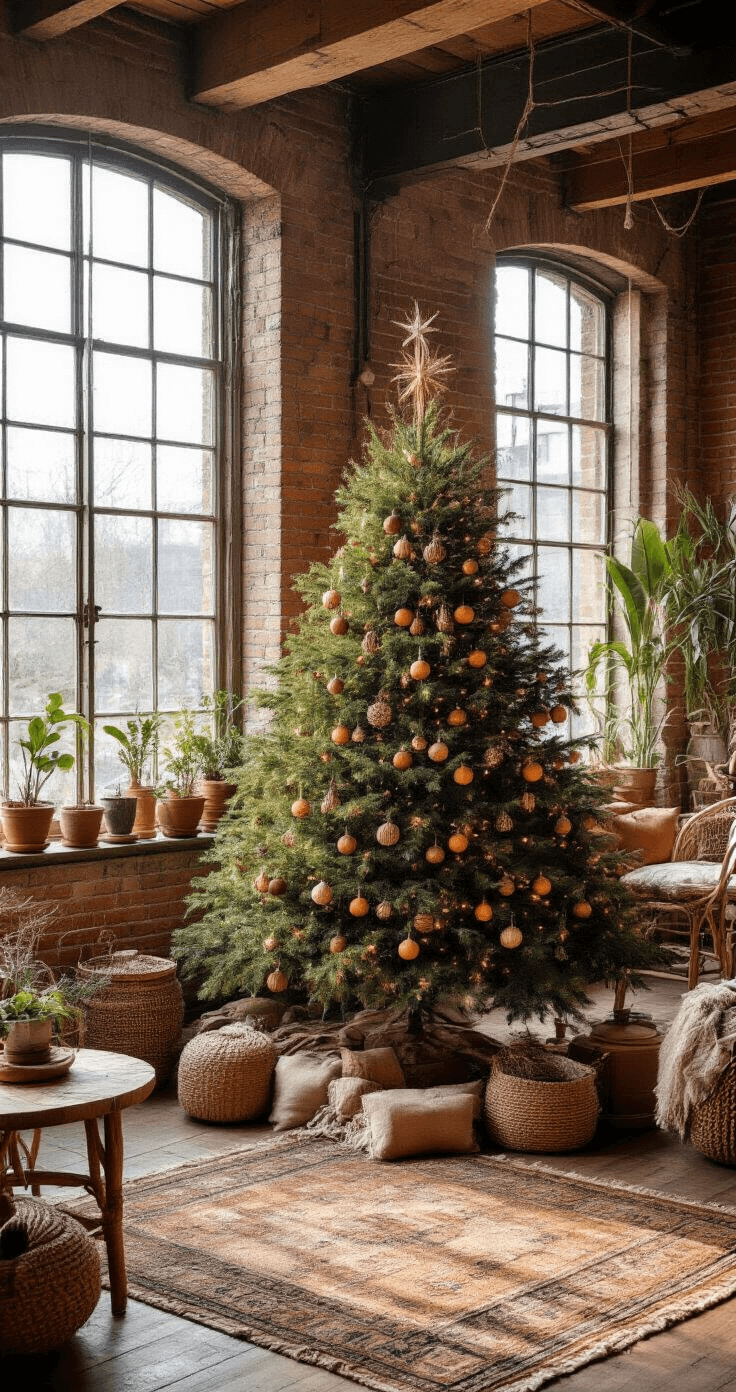 Kerstboom Versieren: Dé Ultieme Gids voor een Betoverende Kerstsfeer Boho chic woonkamer met een natuurlijk versierde kerstboom, eclectische stijl, exposed brick muren, hardhouten vloer, vintage Perzische tapijten, rattan meubels, en planten in terracotta potten, verlicht door warm namiddaglicht door grote fabrieksramen.