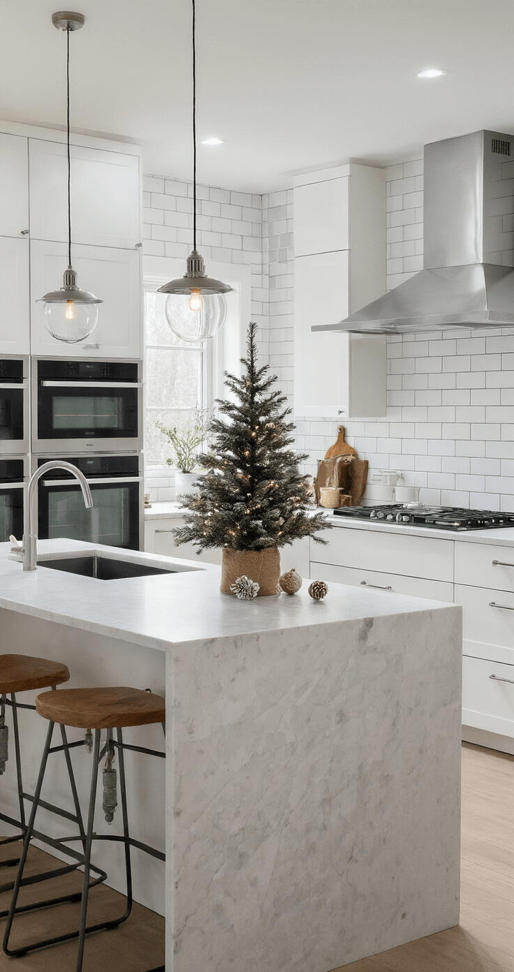 Kerstboom Versieren: Dé Ultieme Gids voor een Betoverende Kerstsfeer Moderne Nederlandse keuken met open indeling, witte hoogglans kasten, quartz werkbladen en een kleine kerstboom op het kookeiland, verlicht met subtiele lichtjes, onder helder ochtendlicht.
