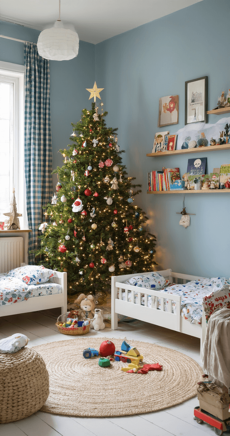 Kerstboom Versieren: Dé Ultieme Gids voor een Betoverende Kerstsfeer Kinderkamer met kleurrijk versierde kerstboom vol persoonlijke ornamenten, vrolijk beddengoed op twee eenpersoonsbedden, speelgoed en boeken, en een gezellige sfeer met zachte middaggloren door de gingham gordijnen.