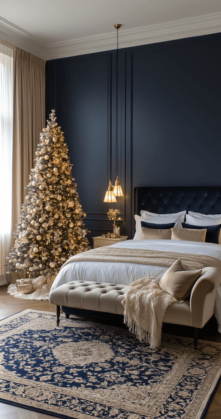 Kerstboom Versieren: Dé Ultieme Gids voor een Betoverende Kerstsfeer Luxe master bedroom met navy muren en gouden accenten, king size bed en slanke kerstboom in de hoek, versierd met champagne kleurige decoraties en zachte verlichting.