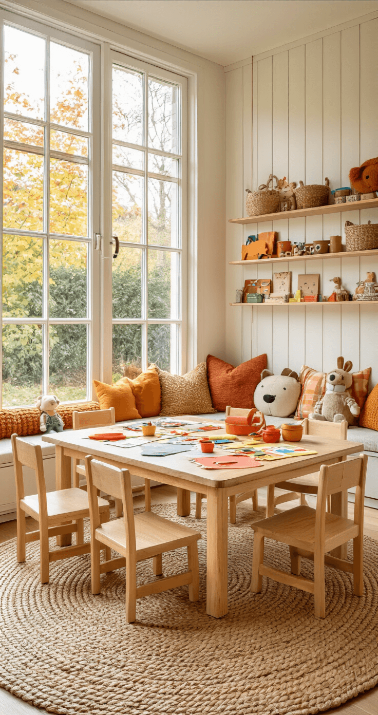 Herfstknutselen met Kleuters: Creatief Aan de Slag met Bladeren en Natuurlijke Materialen Warme kinderspeelkamer met natuurlijke herfsttinten, een lage kindertafel van licht hout omringd door kleurrijke kussentjes, vol met knutselmaterialen en zachte ochtendlicht dat door grote ramen binnenvalt.
