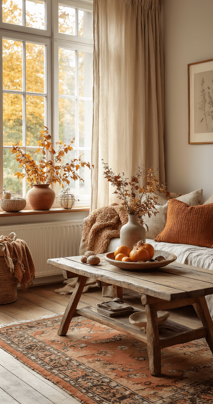 Herfstknutselen met Kleuters: Creatief Aan de Slag met Bladeren en Natuurlijke Materialen Gezellige woonkamer met herfstdecoraties en warme aardse kleuren, met een salontafel van gerecycled hout gevuld met bladeren, kastanjes en eikels, zachte wollen plaids op een linnen bank en een vintage Perzisch tapijt op de houten vloer, gevangen vanuit lage hoek in gouden belichting.