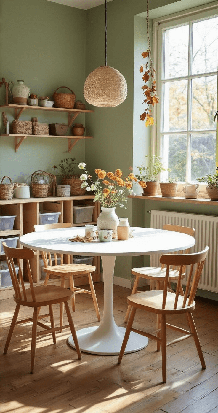 Herfstknutselen met Kleuters: Creatief Aan de Slag met Bladeren en Natuurlijke Materialen Kindvriendelijke eethoek met ronde witte tafel en kleurrijke stoeltjes, ingericht voor knutselactiviteiten. De muren zijn zacht saliegroen, met open kasten vol georganiseerd knutselmateriaal. Een speelse inrichting met natuurlijke houten vloer, vloerkleden en hangende mobiles van herfstbladeren.