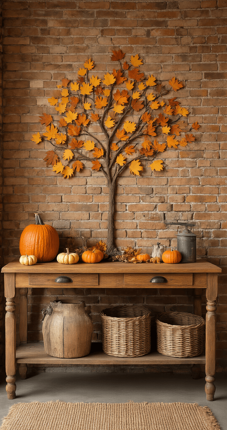 Herfstknutselen met Kleuters: Creatief Aan de Slag met Bladeren en Natuurlijke Materialen Creatieve hobbykamer met rustieke herfstdecoraties, inclusief een grote houten werktafel tegen een bakstenen muur, versierd met een zelfgemaakte herfstboom en verschillende warme herfstkleuren. Het zachte zijlicht creëert een ambachtelijke sfeer.