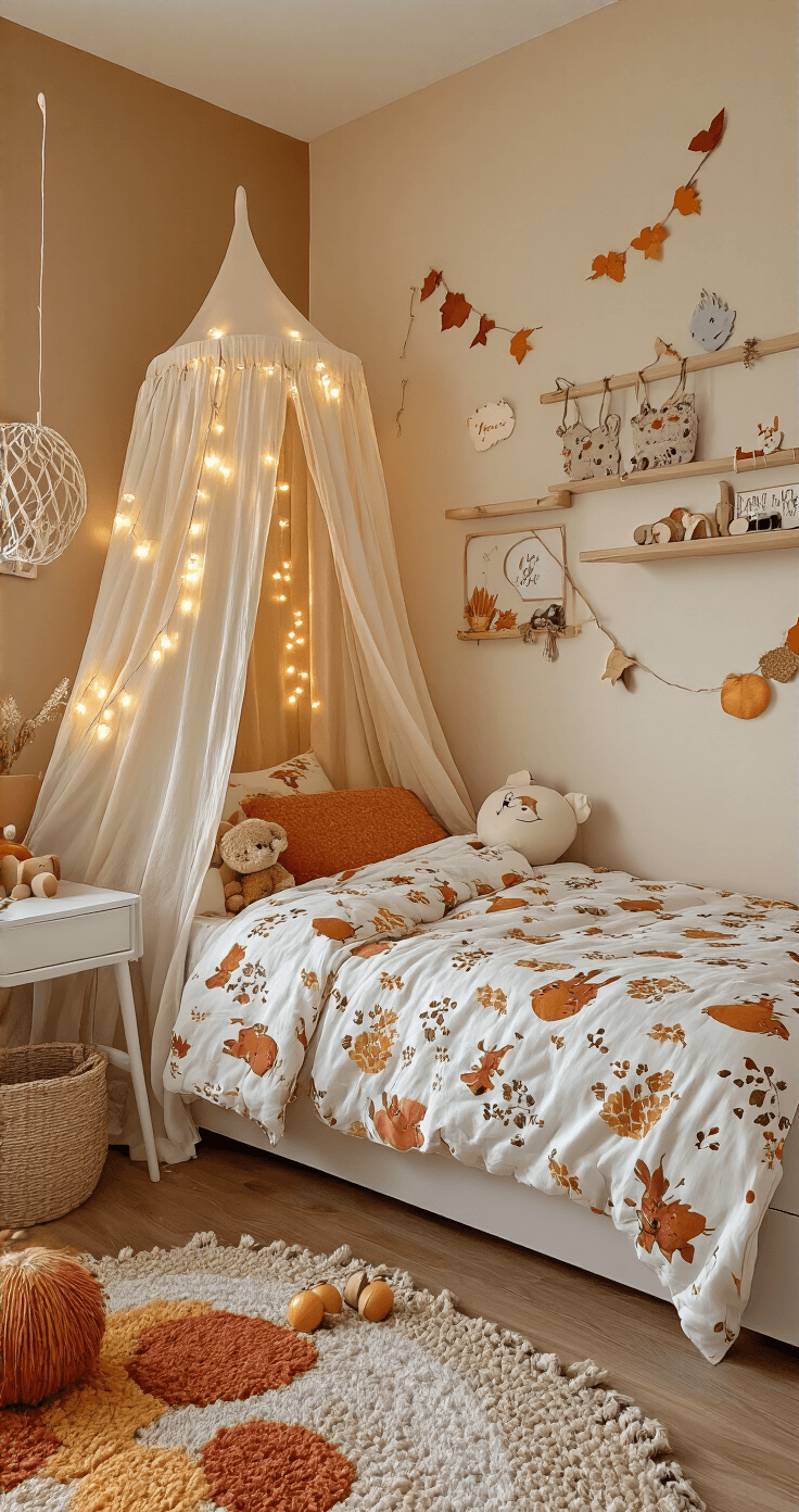 Herfstknutselen met Kleuters: Creatief Aan de Slag met Bladeren en Natuurlijke Materialen Speelse kinderslaapkamer met herfstthema, zachte avondlicht, decoratie van kastanje-diertjes, warme beige muren, houten plankjes met knutselwerkjes, herfstkleurig tapijt, rieten speelgoedmanden en fairy lights voor een magische sfeer.
