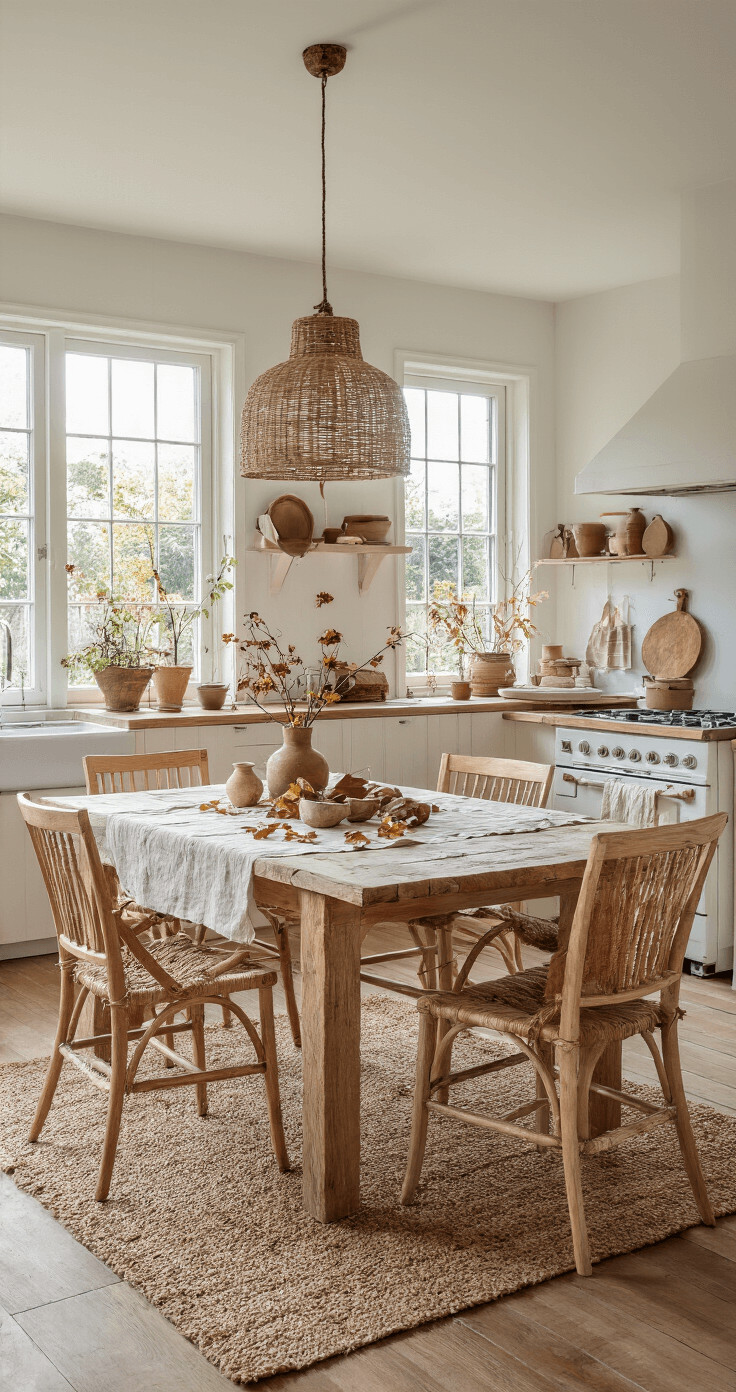Herfstknutselen met Kleuters: Creatief Aan de Slag met Bladeren en Natuurlijke Materialen Landelijke keuken omgetoverd tot knutselruimte met heldere ochtendlicht, grote houten eettafel bedekt met kraftpapier en zelfgemaakte herfst mobile, warme witten en natuurlijke houttoenen, accenten in diep rood en goud, rieten stoelen en vintage keramiek, uitzicht op natuurstenen vloer met jute lopers vanuit de zijkant van de tafel.