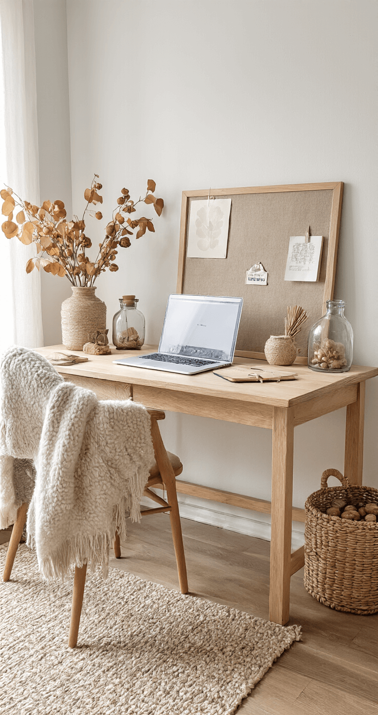 Herfstknutselen met Kleuters: Creatief Aan de Slag met Bladeren en Natuurlijke Materialen Inspirerende thuiswerkplek met massief eiken bureau en warme middagzon. Laptop naast Pinterest inspiratiebord. Glazen potten gevuld met natuurlijke materialen zoals eikels en bladeren. Scandinavische stijl met witte muren, hout en textiel in warme kleuren. Ergonomische stoel en wollen kleed.