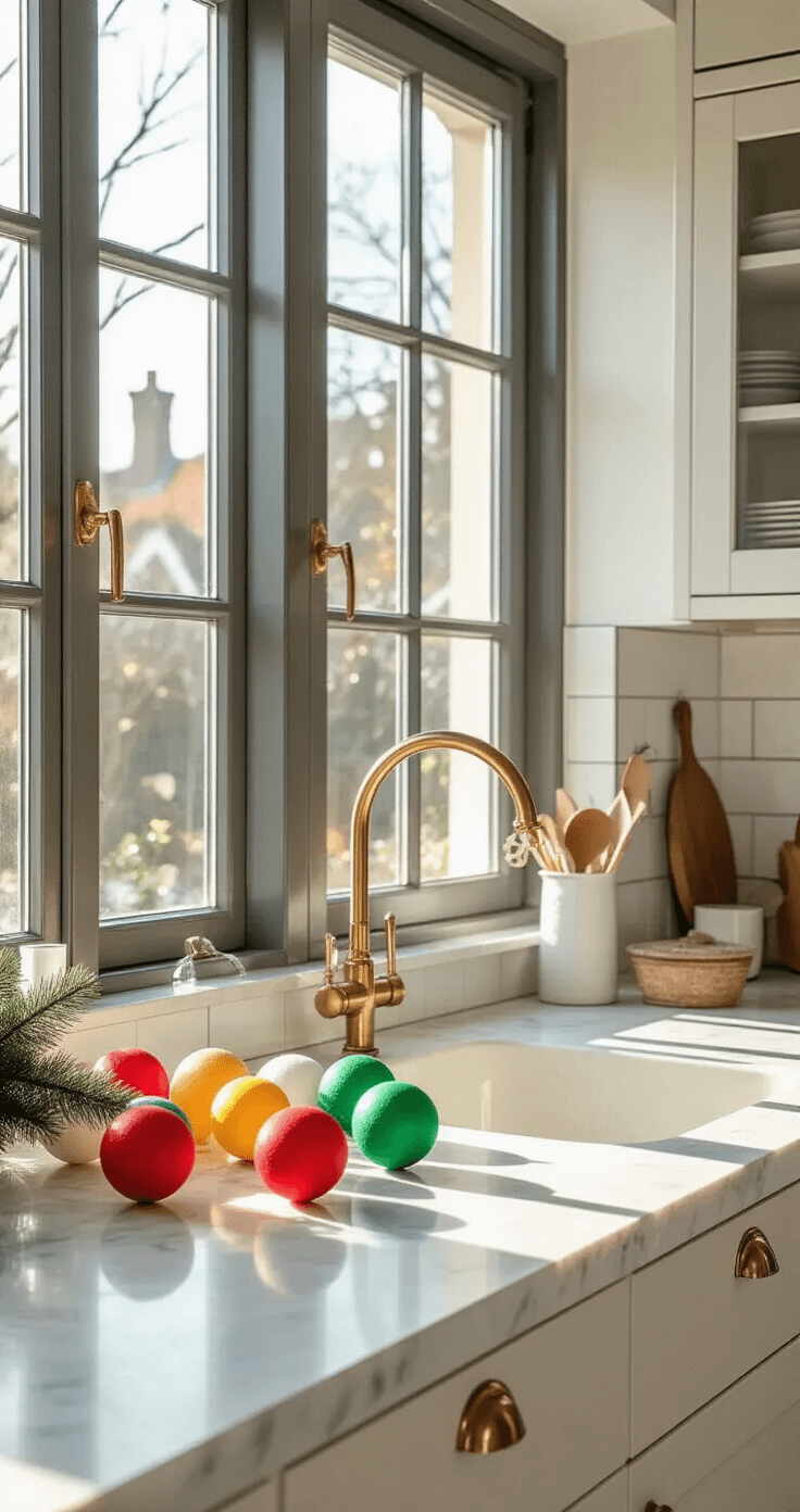 Kerstballen Knutselen: Creatieve DIY Decoratie voor een Magische Kerst Een lichte Nederlandse keuken met een marmeren aanrecht vol kleurrijke kerstknutselmaterialen, natuurlijke lichtinval door grote ramen, en witte keukenkastjes met koperen handgrepen.