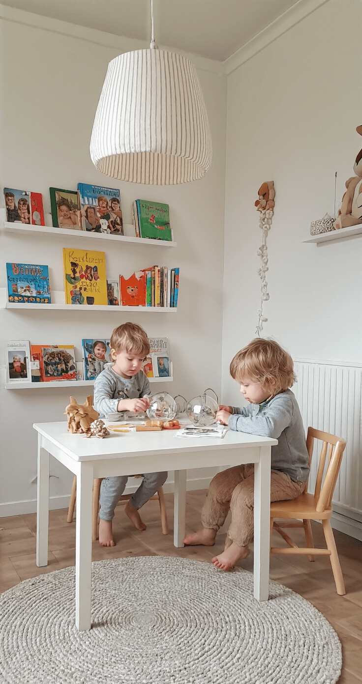Kerstballen Knutselen: Creatieve DIY Decoratie voor een Magische Kerst Gezellige kinderkamer met een kind dat aan foto kerstballen werkt aan een kleine houten tafel, omringd door kleurrijke boeken op witte planken. Een zachte hanglamp verlicht de ruimte en er ligt een grijs vloerkleed onder de tafel, met een warme, uitnodigende sfeer.