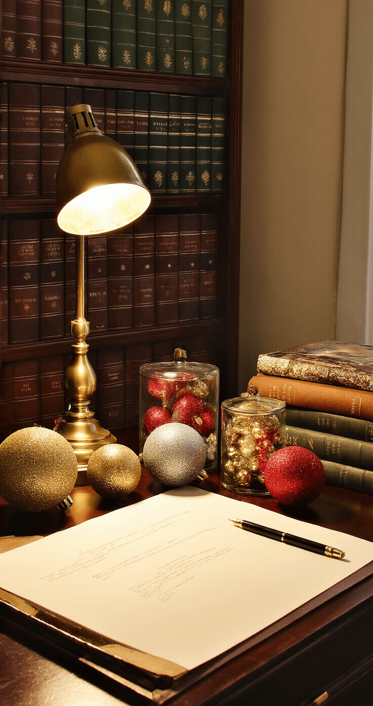 Kerstballen Knutselen: Creatieve DIY Decoratie voor een Magische Kerst Een klassieke studeerkamer met warm licht op een mahonie bureau, omringd door vintage glazen potjes met glitter en donkergroene leren boekenruggen.