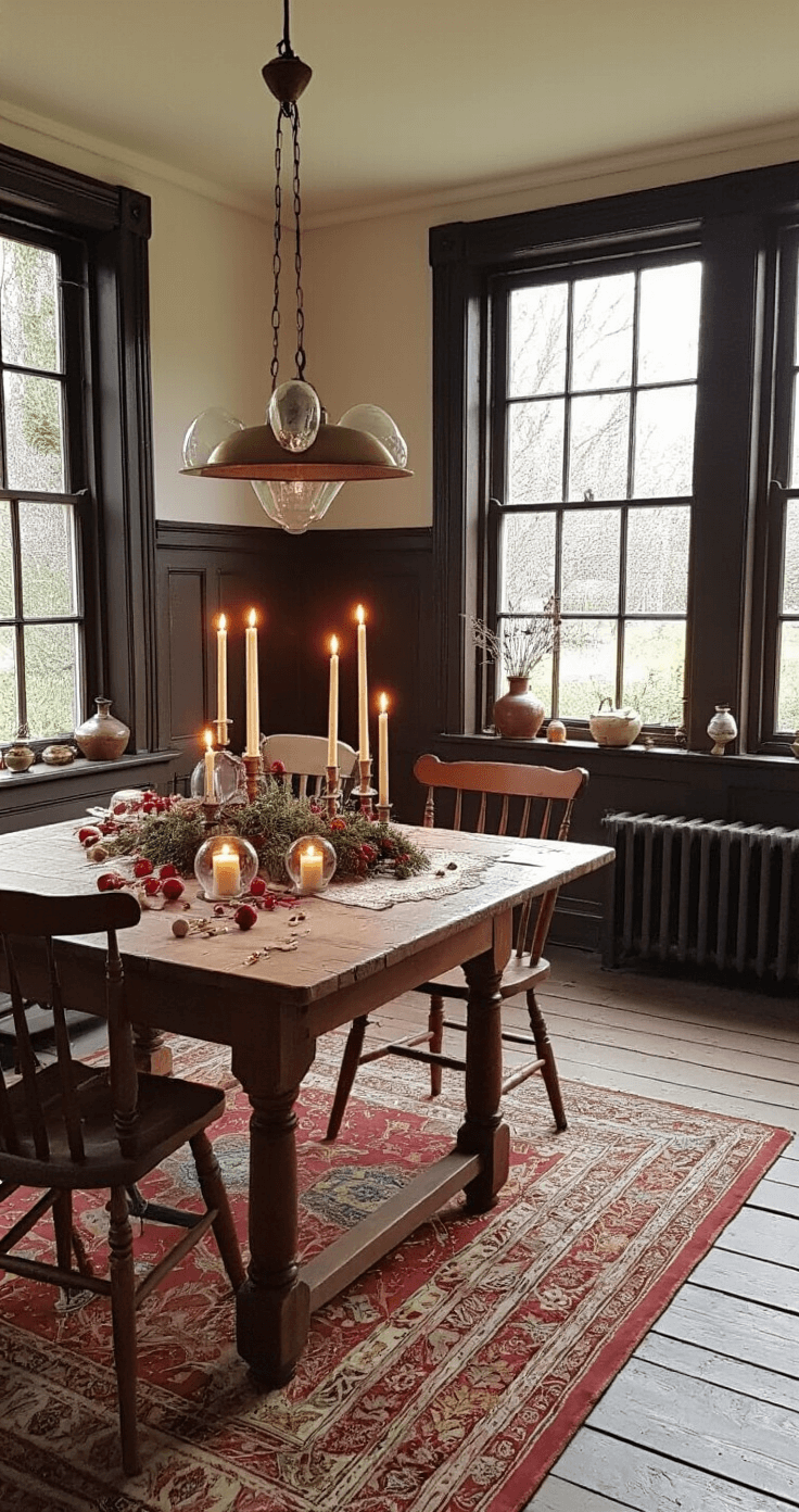 Kerstballen Knutselen: Creatieve DIY Decoratie voor een Magische Kerst Een traditionele Nederlandse kamer bij kaarslicht met een rustieke eikenhouten eettafel, versierd met kerstballen, vintage schaartjes en satijnen linten. Donkere houten lambrisering en een antiek tapijt accentueren de intieme sfeer, terwijl de kaarsen in messing houders dansende schaduwen werpen.