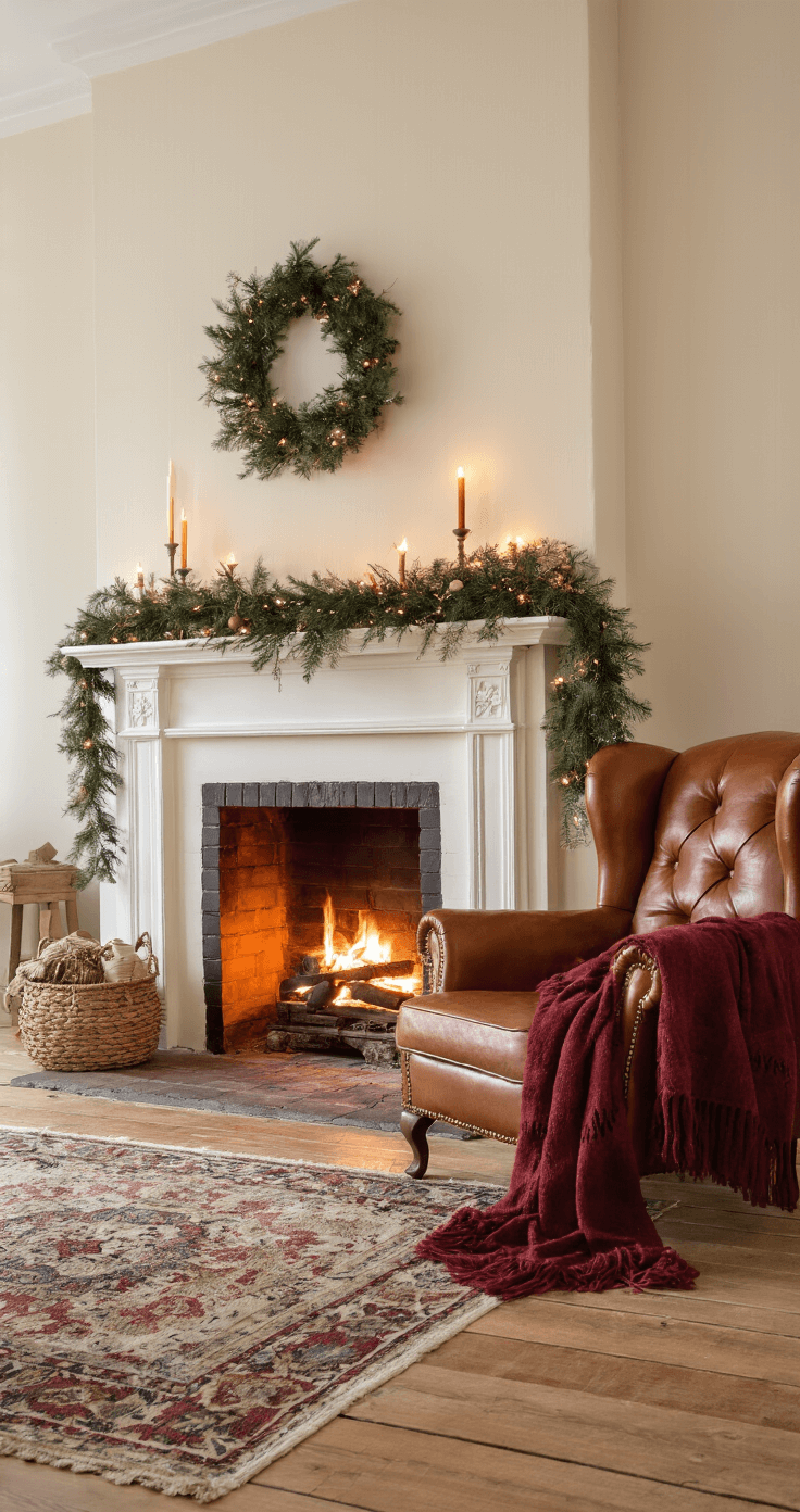 Gezellige woonkamer met een zelfgemaakte kerstguirlande van dennentakjes en kaneelstokjes langs de schoorsteenmantel, warme kerstverlichting op cremewitte muren, vintage cognackleurige fauteuil naast een brandende open haard, gebreide plaids in mosgroen en bordeauxrood op de bank, houten vloer met Perzisch tapijt, gefotografeerd tijdens het gouden uurtje met zacht licht door grote ramen.