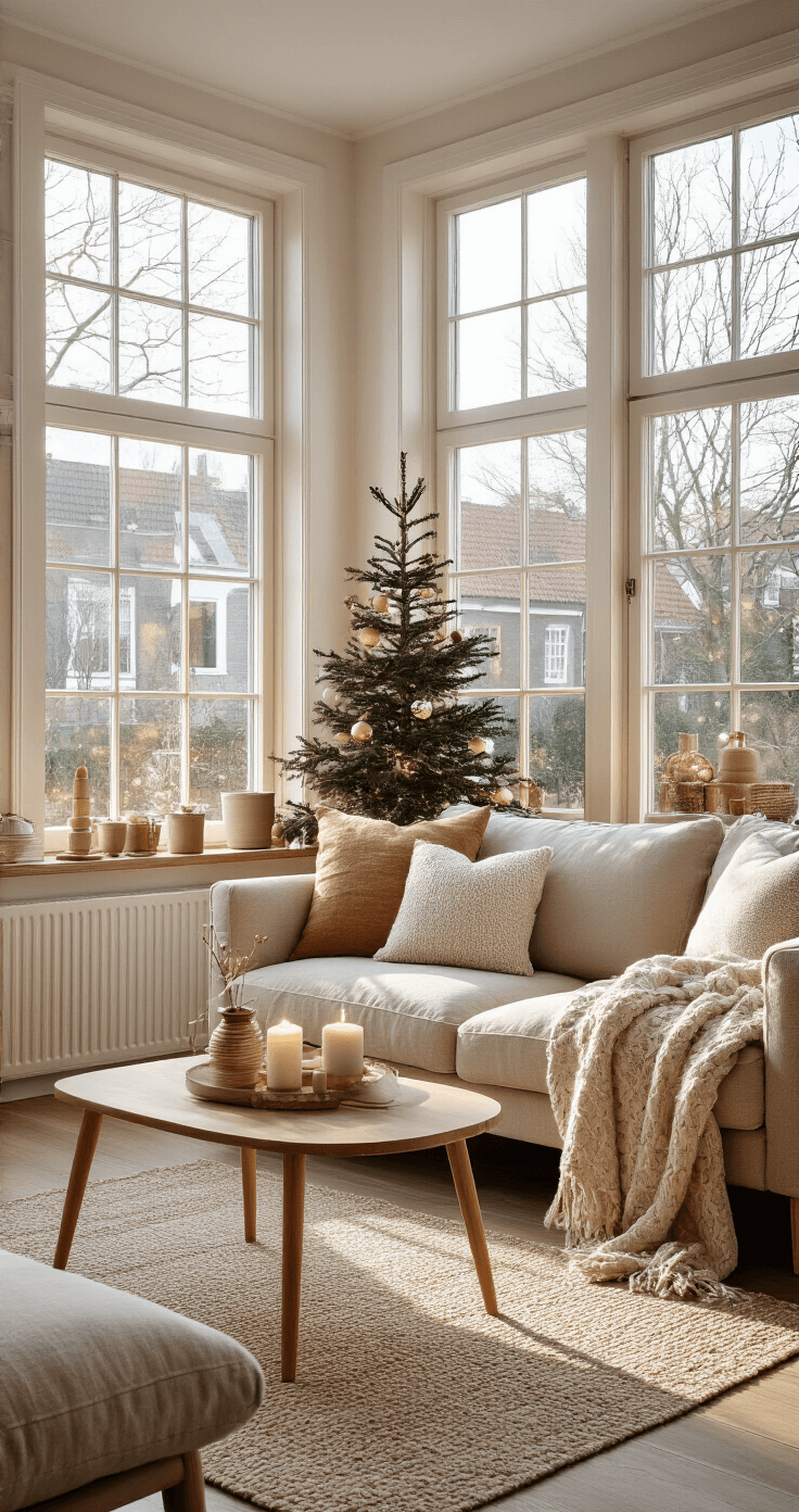 Kleine Kerstbomen: Magische Decoratie voor Beperkte Ruimtes Een gezellige Nederlandse woonkamer in Scandinavische stijl met een kleine Nordmann-spar op een eikenhouten bijzettafel, een cremekleurige bank, minimalistische decoratie van witte en gouden kerstballen, en warme LED-verlichting. De kamer ontvangt gouden uurtje verlichting door grote ramen, met zachte schaduwval en een warme sfeer.