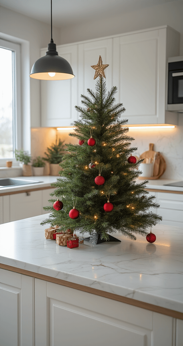 Kleine Kerstbomen: Magische Decoratie voor Beperkte Ruimtes Moderne Nederlandse keuken met wit marmeren aanrecht, kleine kunstkerstboom met traditionele versieringen en LED-lichtjes, heldere ochtendverlichting en strakke lijnen.