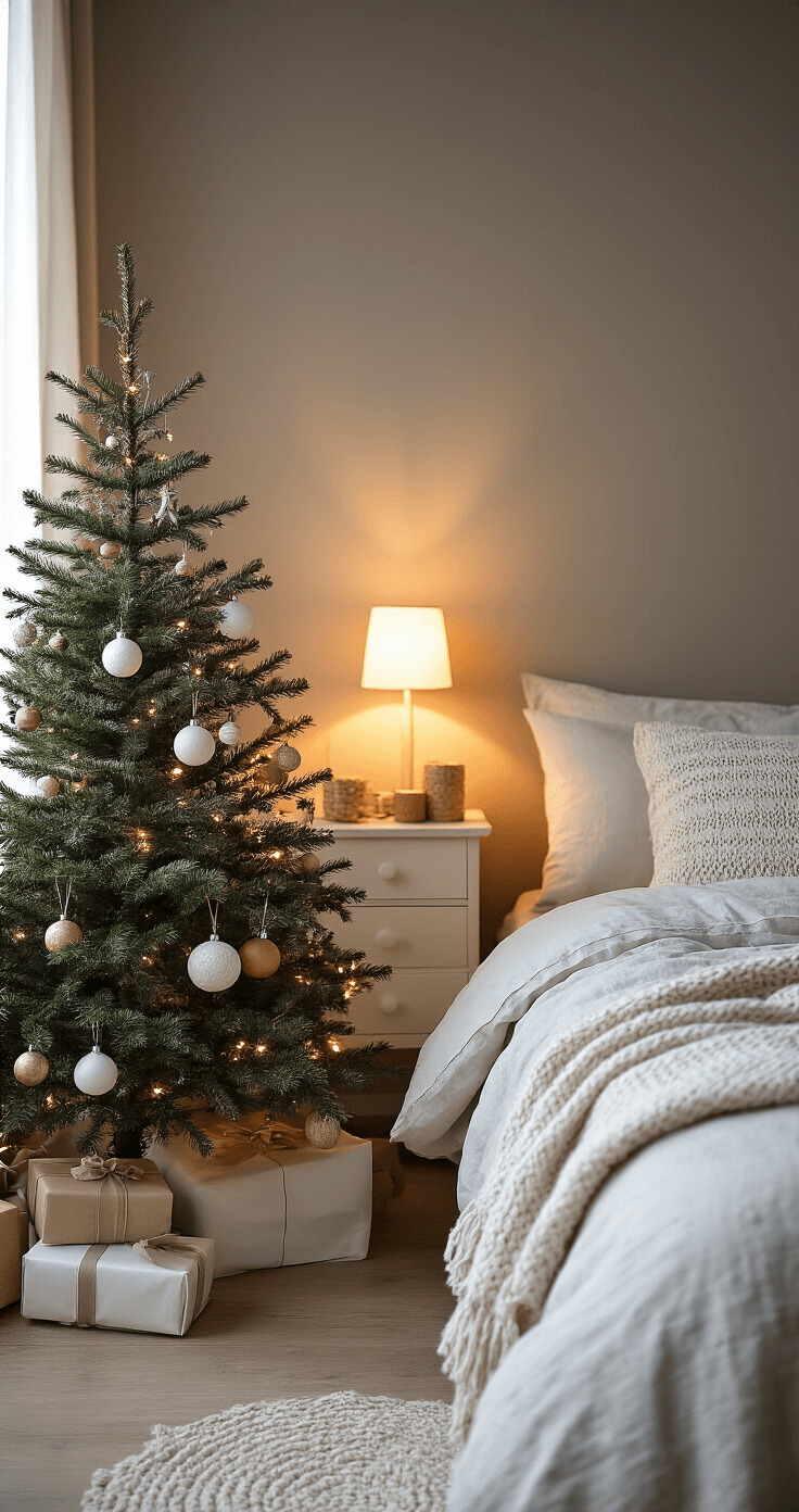 Kleine Kerstbomen: Magische Decoratie voor Beperkte Ruimtes Knusse slaapkamer met een kleine kerstboom op een wit nachtkastje, zachte avondverlichting van een bedlampje, linnen beddengoed en gebreide kussens in natuurlijke tinten.