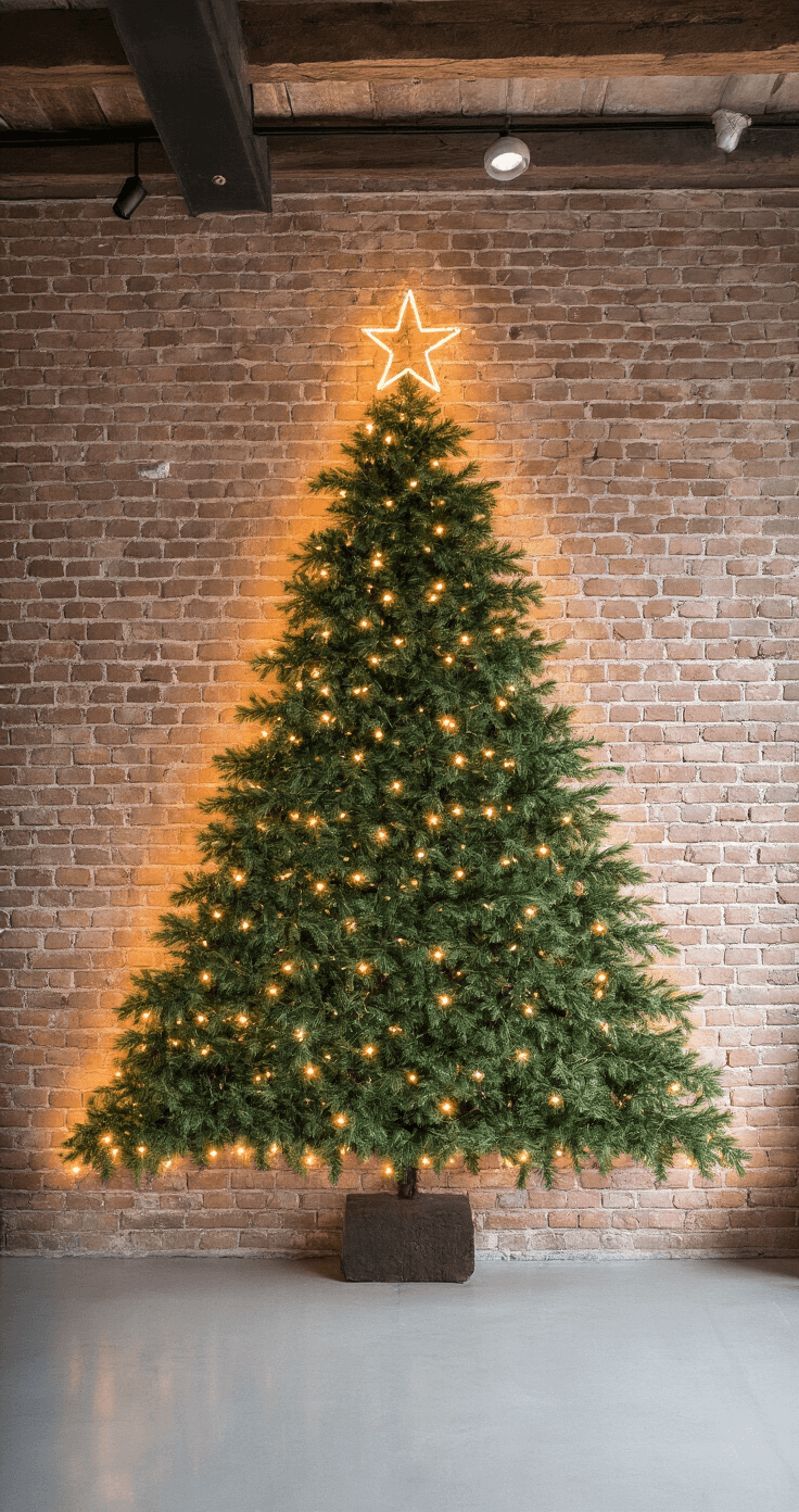 Kleine Kerstbomen: Magische Decoratie voor Beperkte Ruimtes Creatieve DIY kerstboom van groene takken in een industriële Nederlandse studio met bakstenen muur, verlicht met kleine LED-lampjes en gouden accenten, omringd door vintage meubels en een houten plafond met zichtbare balken.
