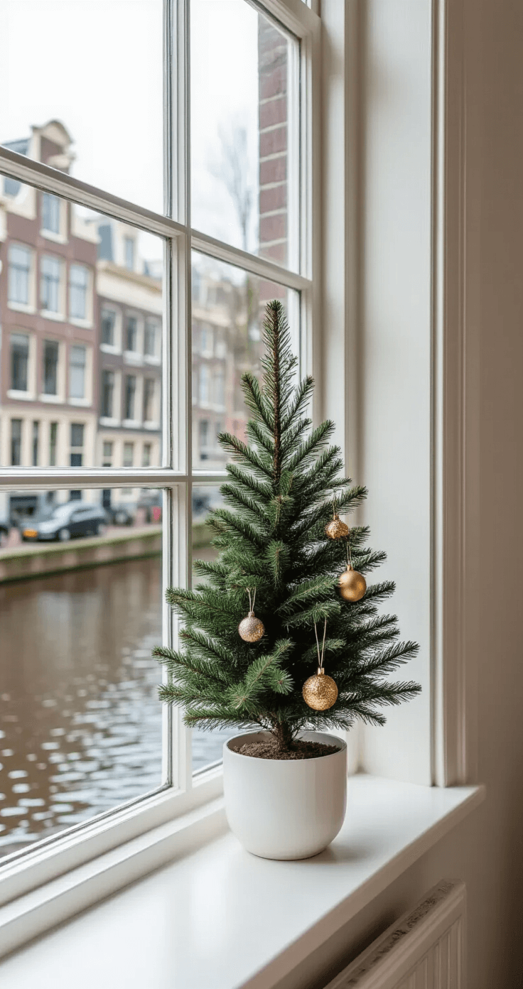 Kleine Kerstbomen: Magische Decoratie voor Beperkte Ruimtes Stijlvolle vensterbank decoratie met een compacte spar in een moderne witte pot, omringd door elegante goud-wit decoratie, binnen een Amsterdams appartement met uitzicht op de grachten en natuurlijk noordelijk licht.