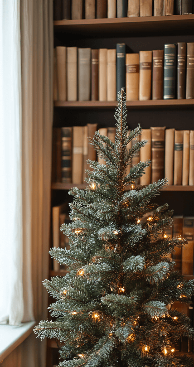 Kleine Kerstbomen: Magische Decoratie voor Beperkte Ruimtes Een gezellige boekenkast met een kleine kerstboom tussen hardcover boeken, verlicht door een warme leeslamp. Donkere houten planken en koperen decoraties creëren een intellectuele sfeer, omringd door Nederlandse literatuur en zachte texturen.
