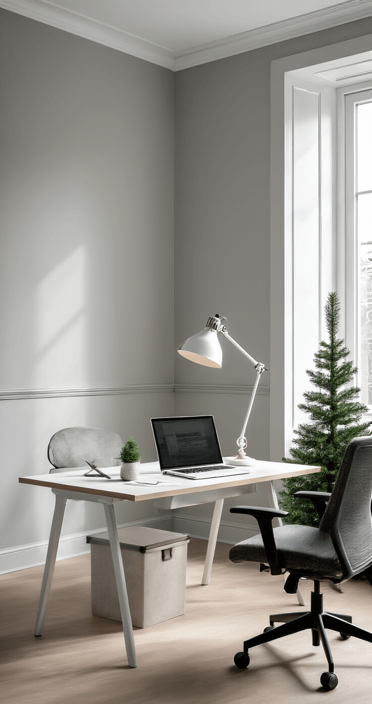 Kleine Kerstbomen: Magische Decoratie voor Beperkte Ruimtes Compact kantoor met een kleine kerstboom op het bureau, modern en goed verlicht, met een ergonomische stoel en een opgeruimde werkruimte.