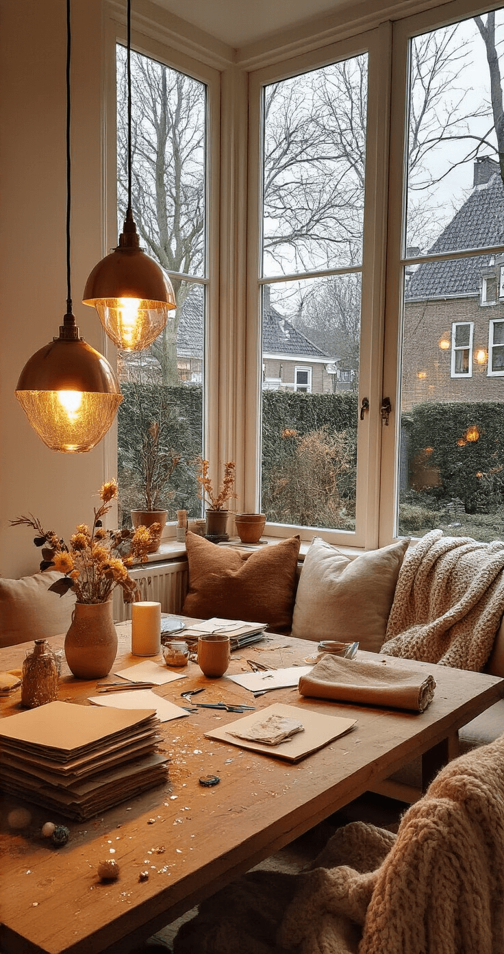 Gezellige woonkamer met warme sfeerverlichting, een grote eettafel vol knutselmaterialen, zachte pendant lampen, een beige bank met wollen dekens en een uitzicht op een winterse tuin.