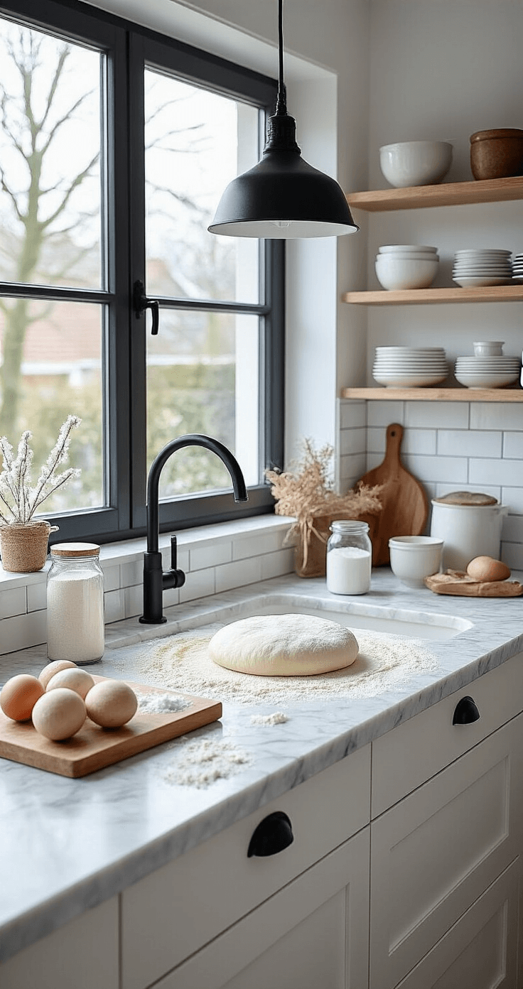 Moderne Nederlandse keuken met marmeren kookeiland en zoutdeeg ingrediënten, in Scandinavische kleuren met witte kasten en zwarte kranen. Natuurlijk licht valt binnen, benadrukt texturen en schaduwen, en creëert een opgeruimde maar leefbare sfeer.