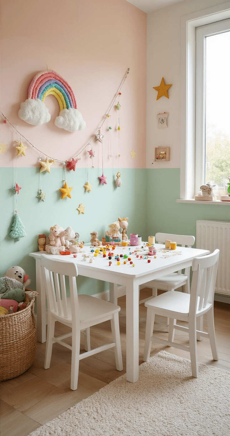 Speelse kinderkamer met pastel muren in poederroze en mint groen, waar een kind een kleine witte tafel vol kleurrijke chenilledraad creaties en regenboog kralen gebruikt. Natuurlijk licht valt binnen, waardoor een vrolijke sfeer ontstaat.