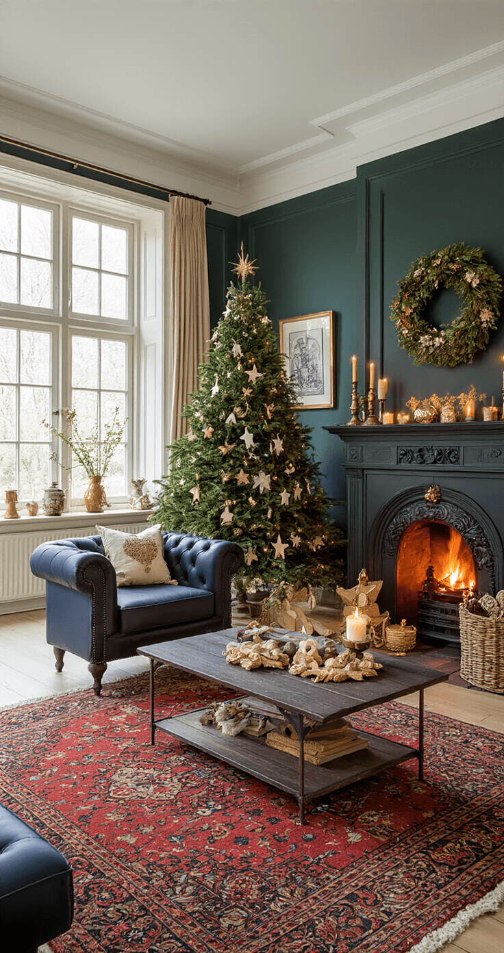 Elegante Nederlandse woonkamer met donkergroene kerstboom, handgemaakte decoraties, Chesterfield bank in navy, en warme gloed van haardvuur en kaarslicht.