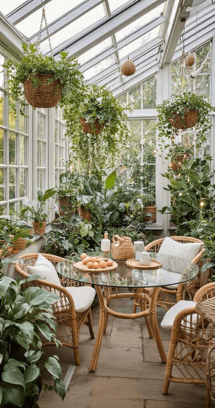 Lichte serre met glazen tafel en kinderen's gereedschap, rotan meubels en veel groene planten, sfeervol verlicht met zachte string lights.