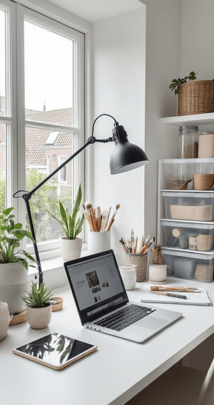 Moderne Nederlandse home office omgevormd tot Pinterest-waardige craft space met witte bureau, open laptop, DIY ornament voorbeelden, professionele desk lamp, tablet met tutorials en georganiseerde ambachtelijke materialen in glazen potten. Minimalistische inrichting met witte, grijze en houten accenten, groene planten en helder daglicht van een groot raam.