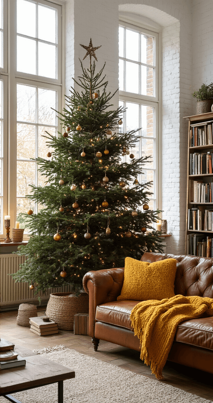 Gezellige Nederlandse woonkamer met alternatieve kerstboom van takken in industriële vaas, verwarmd door zachte avondverlichting. Cognackleurige leren bank met mosterdgele wollen dekens, houten salontafel met kaarsen en een boekenkast vol Nederlandse literatuur. Parketvloer en witgekalkte bakstenen muur vormen de backdrop. Kameropname vanuit een laag, 3/4 hoek tijdens het gouden uurtje.