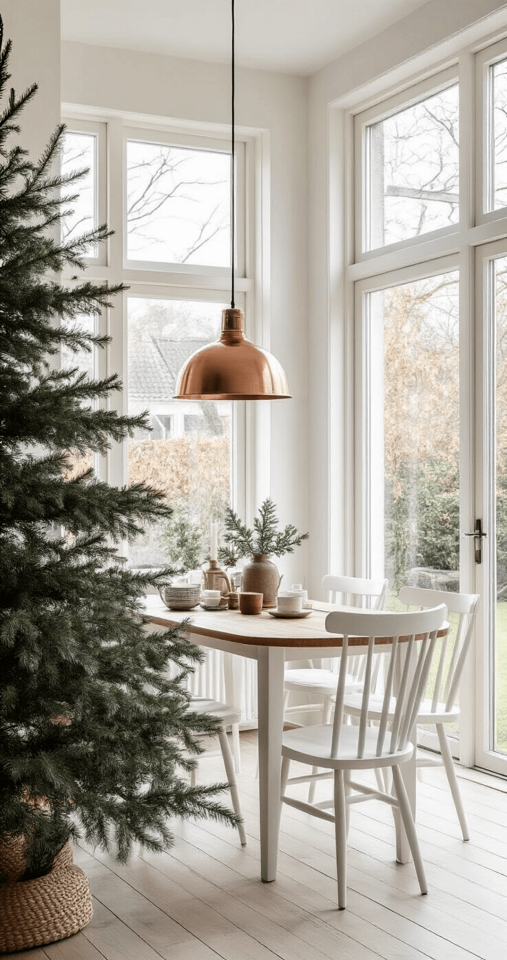 Scandinavisch geïnspireerde eetkamer met een minimalistische kerstboom van eucalyptustakken, ochtendlicht op een eiken tafel met witte Windsor stoelen en een linnen tafelkleed. Koperen hanglamp en keramische vazen met verse dennentakken, op een witgekalkte houten vloer met grote ramen die een uitzicht op de Nederlandse tuin bieden.
