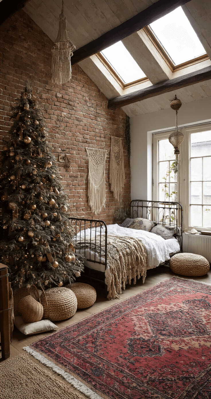 Bohemian slaapkamer met DIY ladder-kerstboom tegen een bakstenen muur, verlicht door middaglicht uit dakramen. Vintage ijzeren bed met wit linnen beddengoed, omringd door macramé wandhangers en bordeauxkleurige Perzische tapijten. Rotan manden, gedroogde pampas en een vintage spiegel, onder donkere houten balken. Diagonale camerahoek met diffuus daglicht, creëert een artistieke en eclectische bohemian-chic sfeer.
