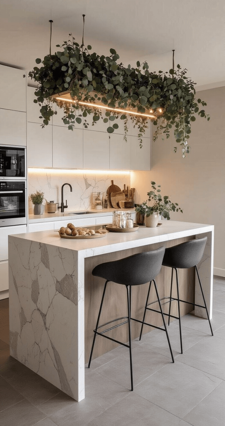 Moderne keuken met hangende eucalyptus kerstinstallatie boven een kookeiland, verlicht door LED strips. Witte hoogglans kasten en een marmeren werkblad met koperen accenten. Verse kruiden en designkrukken zijn zichtbaar, evenals een strakke zwarte kraan en betonlook tegels. De glazen achterwand voegt elegantie toe. De camera is schuin van boven gericht op de pendant lights en het warm kunstlicht creëert een luxe, functionele sfeer.