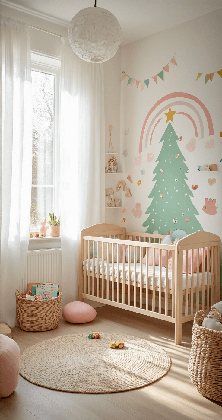 Kinderslaapkamer met een zelfgemaakte kartonnen kerstboom in vrolijke kleuren, zachte ochtendzon door witte gordijnen, een houten ledikant en regenboog wandstickers. Speelgoed in rieten manden, een zacht vloerkleed, pastel kussens en kinderboeken. Lichte houten vloer en wit meubilair met kleurrijke mint- en roze accenten, gefotografeerd vanuit een laag kinderperspectief met natuurlijk speels licht.